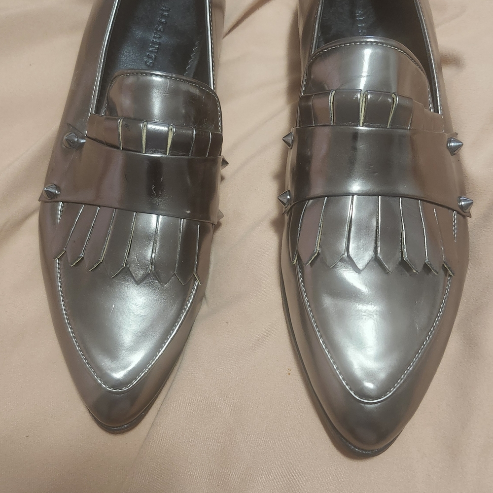 All Saints Metallic Gunmetal Studded Loafers